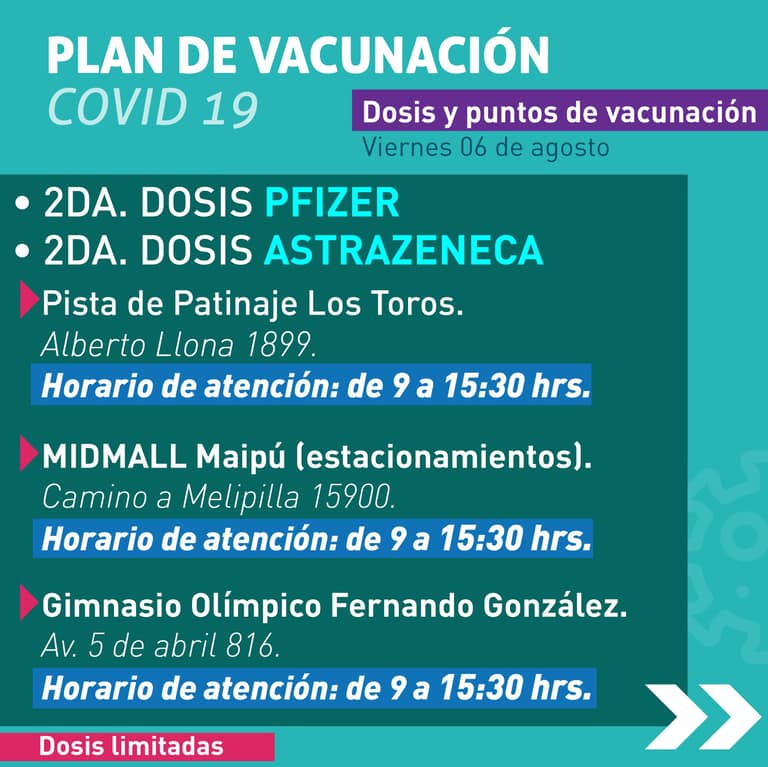 Puntos de vacunación en Maipú, viernes 6 de agosto.