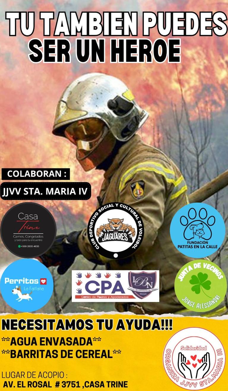 Bombero en incendio, campaña solidaria de ayuda.