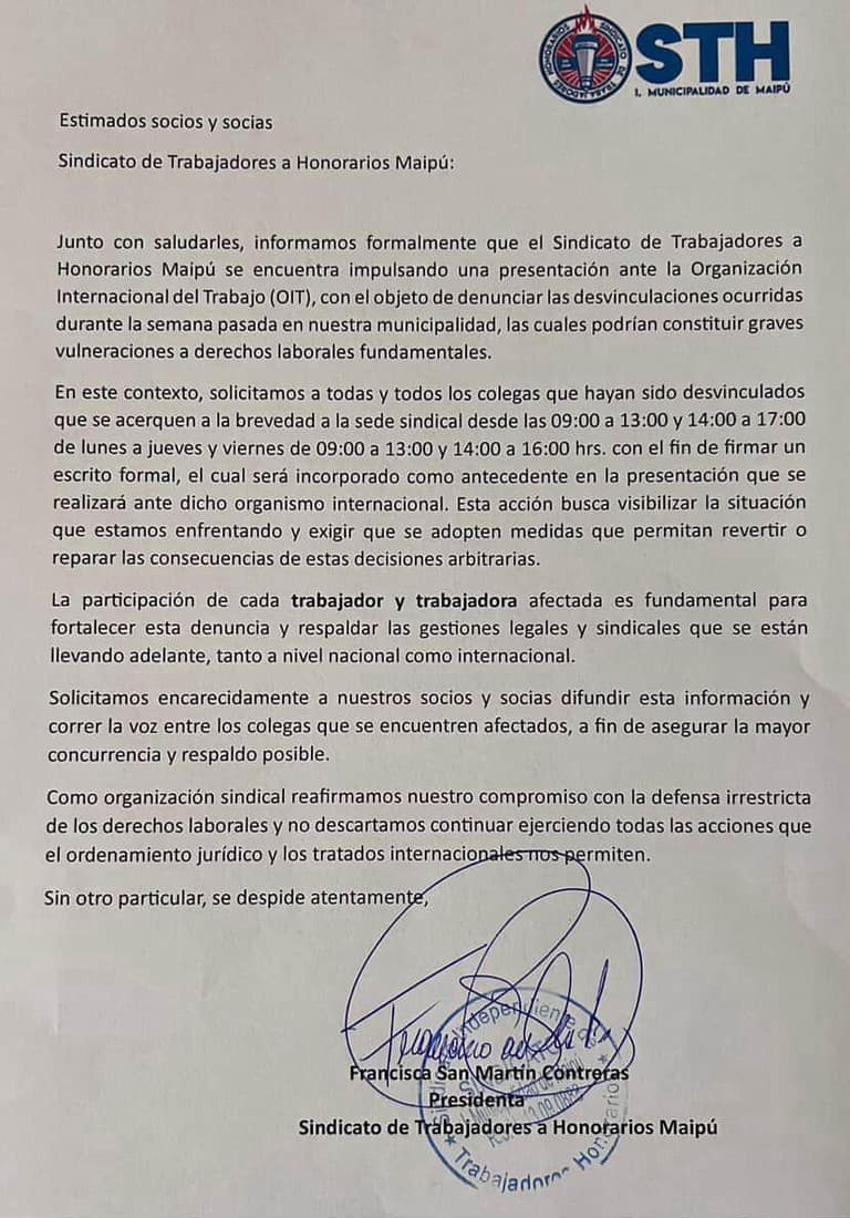 carta sindicato honorarios despidos