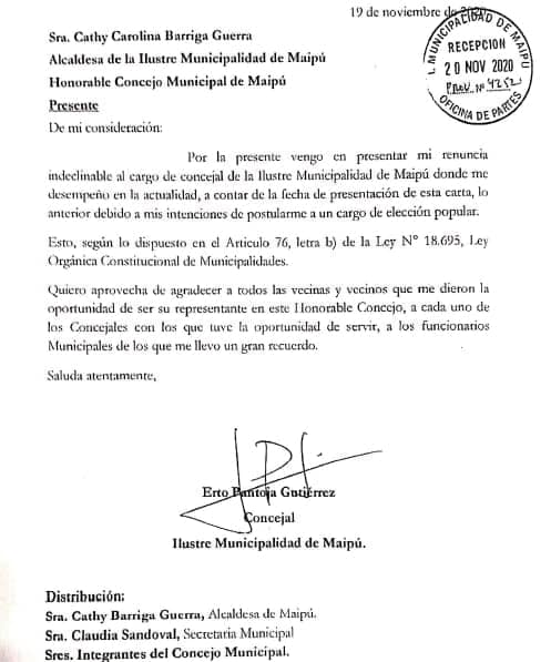 Erto Pantoja renunció a su cargo como concejal de Maipú