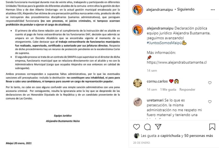 Publicación en Instagram de Alejandra Bustamante - 20 de enero 2021.