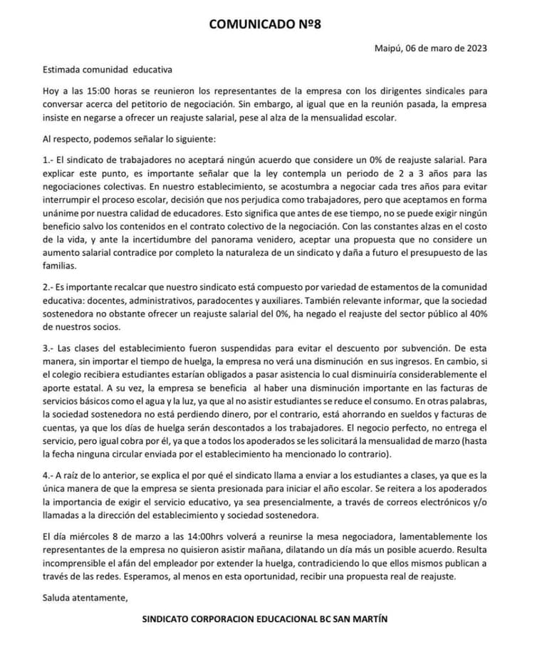 comunicado Lincoln college sindicato