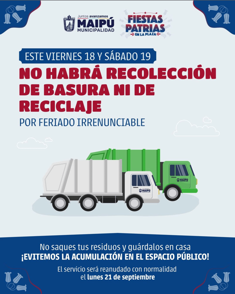 Por Fiestas Patrias: suspenden servicio de recolección de basura y reciclaje en Maipú este viernes 18 y sábado 19