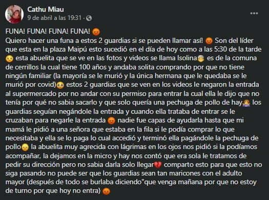 Foto de la denuncia de redes sociales.