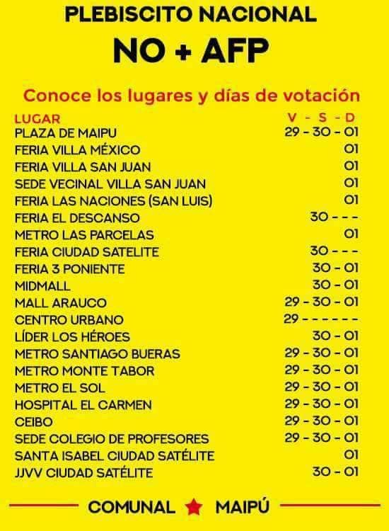 Coordinadora NO+AFP inicia plebiscito nacional: Conoce los puntos de votación en Maipú