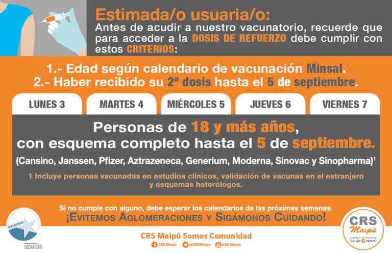 Revisa el Plan de Vacunación en Maipú en lo que resta de semana