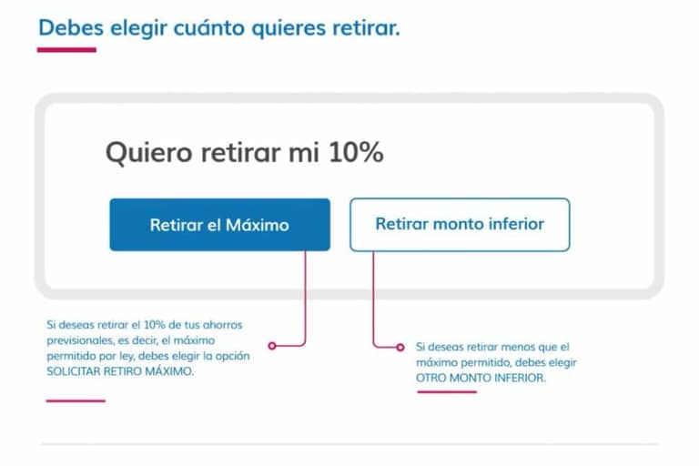 OJO: Tienes que ingresar a la página de tu AFP, no a otra. Debes estar seguro del monto que quieres retirar. Si eliges "Retirar el Máximo" equivaldrá al 10% de tus ahorros. Si eliges "Retirar monto inferior" deberás indicar el monto.