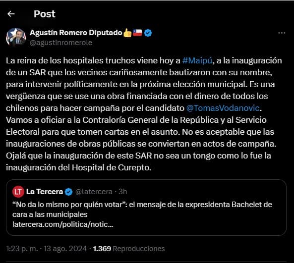 Bachelet en Maipú: Diputado Agustín Romero tuitea que es «la reina de los Hospitales truchos»