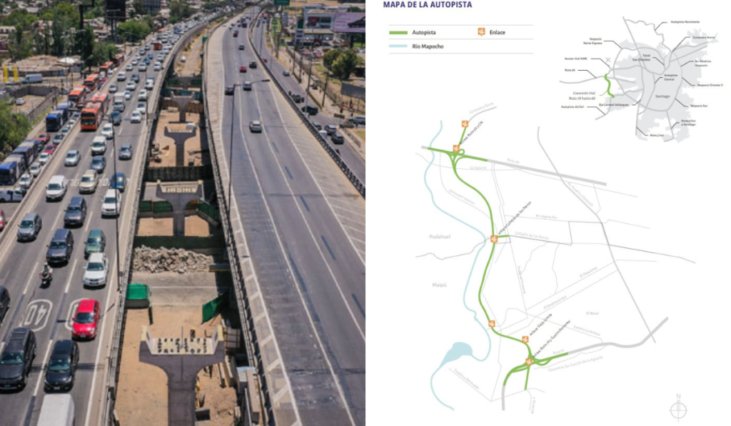 Atasco en autopista y mapa de carretera.