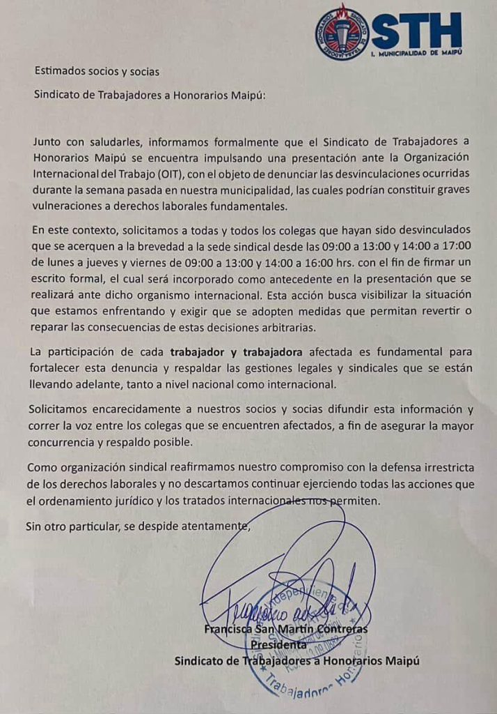 Sindicato de honorarios de Maipú impulsa denuncia ante la OIT por desvinculaciones y llama a trabajadores a sumarse 2 carta sindicato honorarios despidos