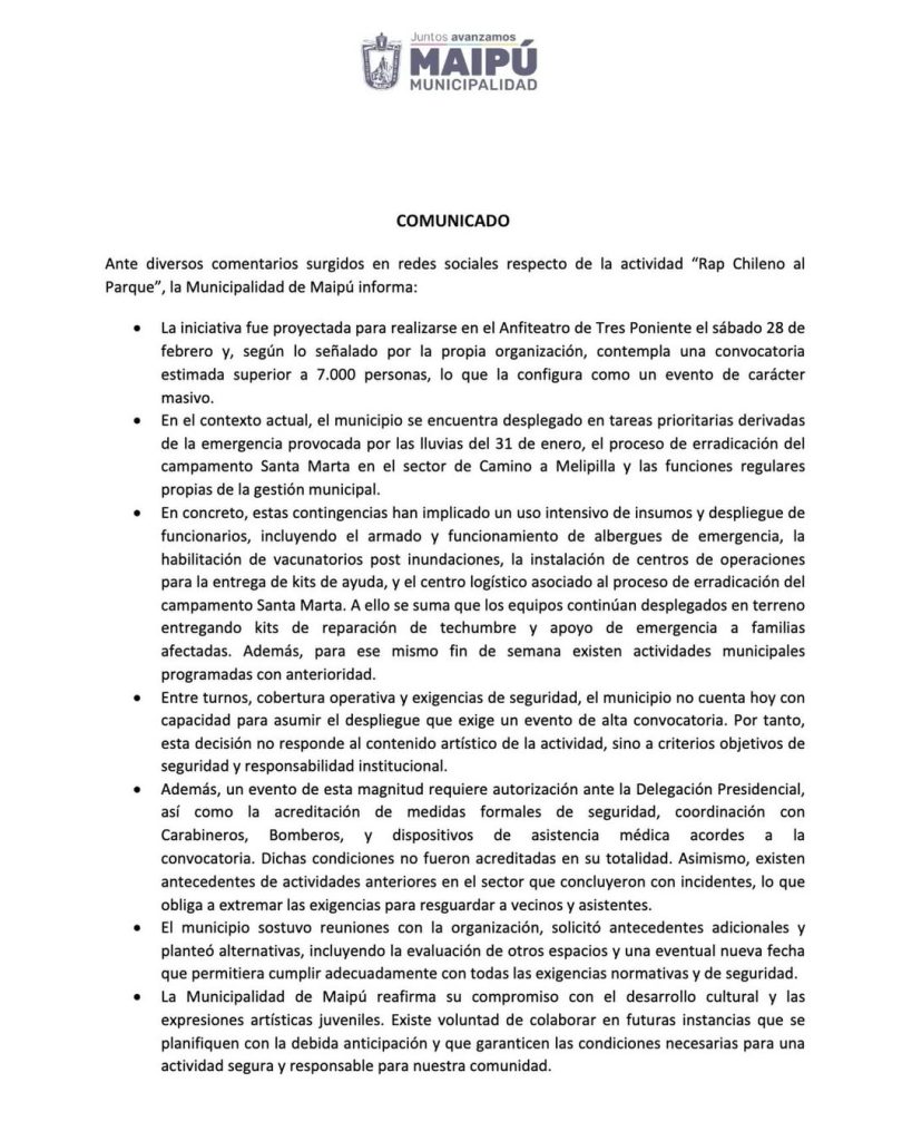 Incertidumbre por el evento gratuito "Rap Chileno al parque" en Maipú: Conflicto administrativo pone en riesgo su realización 2 639491564 18075333374620157 3863876429208206684 n 1.jpg