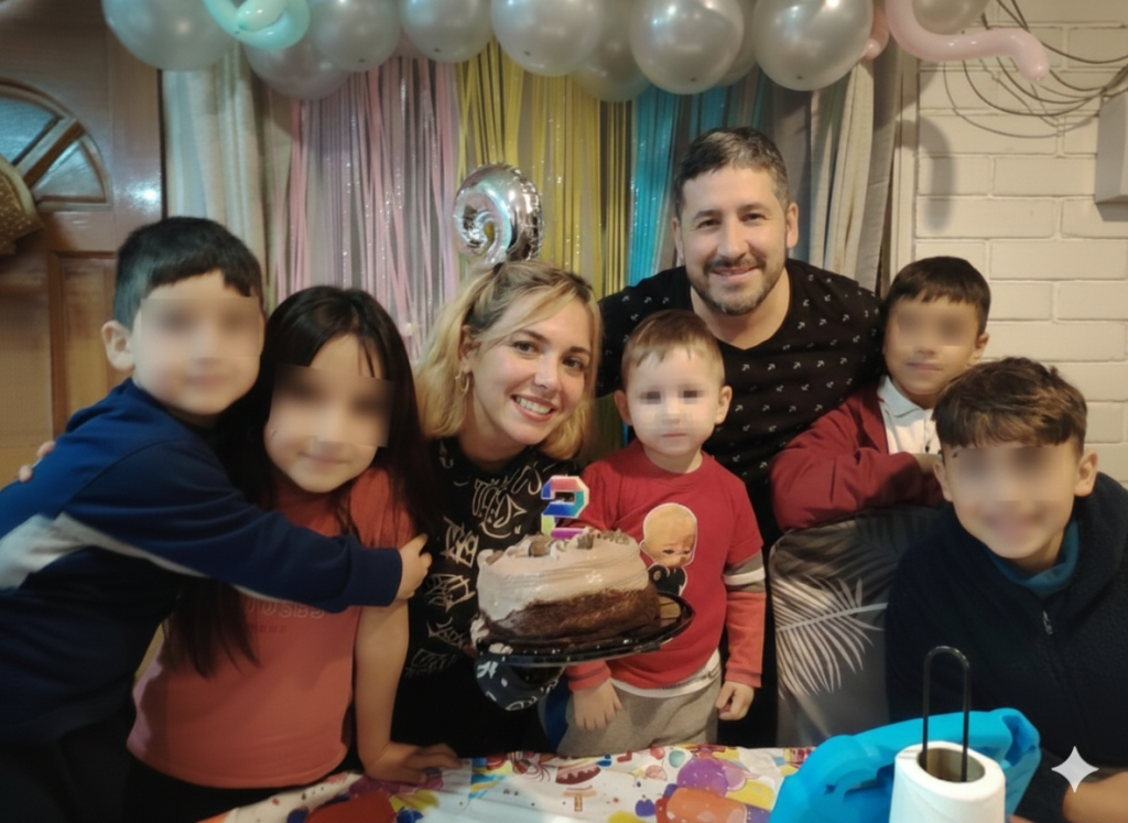 Raúl y Carolina junto a sus cinco hijos en la casa que quedó completamente inhabitable. 