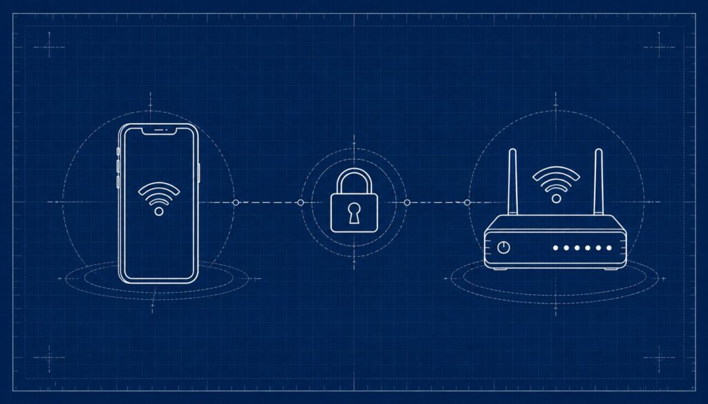 Esquema técnico de un smartphone y un router conectados con un símbolo de candado